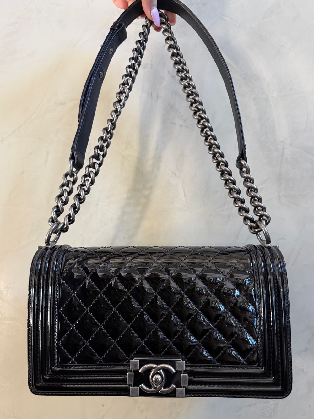 CHANEL Quilted Black Patent Medium Boy Bag